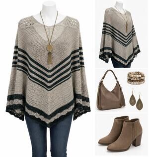 Vertigo Boho Striped Crochet Knit Poncho Sweater Cozy Layering Top Womens Large